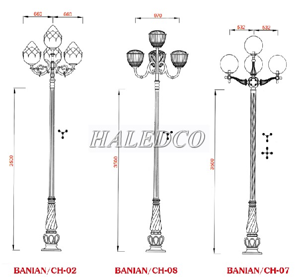Một số mẫu cột đèn Banian sau khi lắp đèn LED