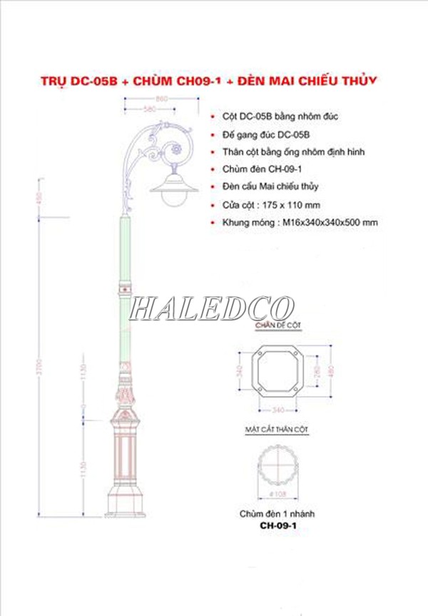 Bản vẽ kỹ thuật của cột đèn sân vườn HLV05-CH09-1-1MCT