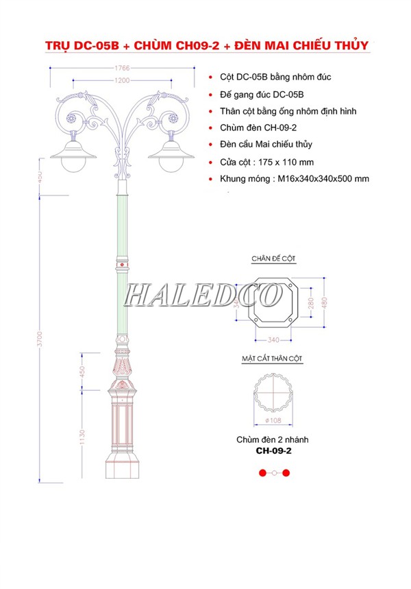 Bản vẽ kỹ thuật của cột đèn sân vườn HLV05-CH09-2-2MCT